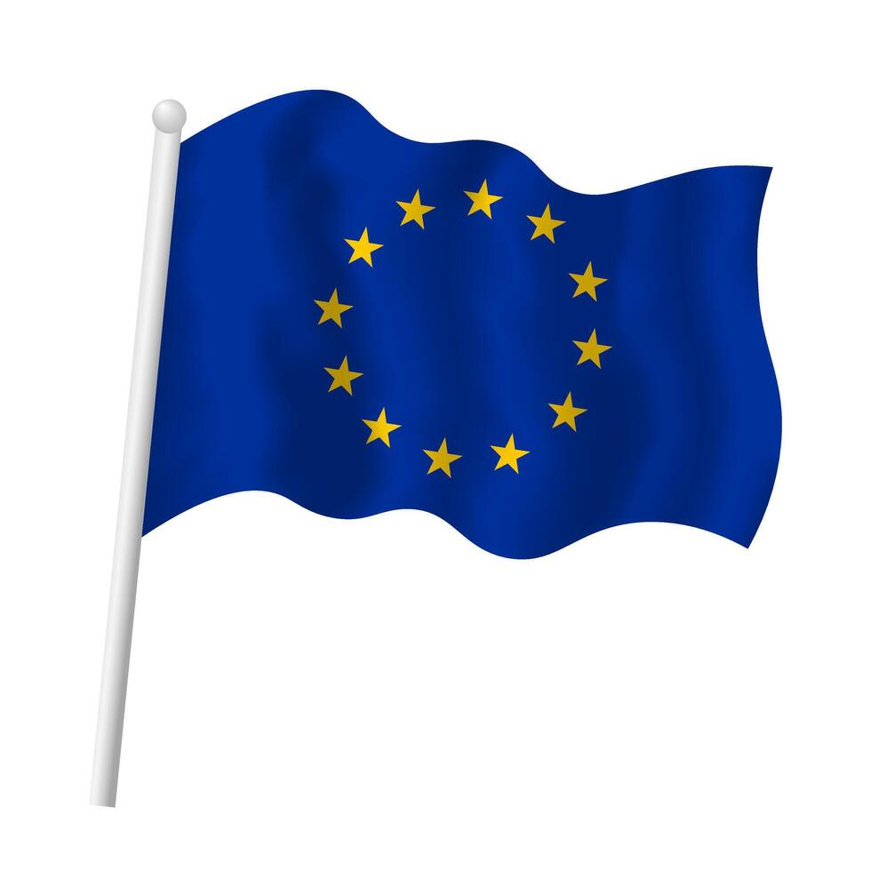 EU flag waving. Vector isolated illustration of European Union flag on flagpole in wind. Yellow stars circle on blue background.