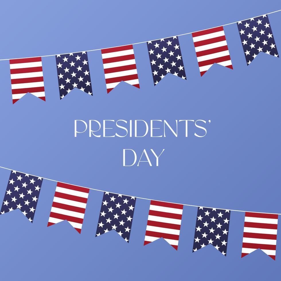 Presidents Day square poster. American flags background for social media post. USA national February holiday. Vector illustration with text