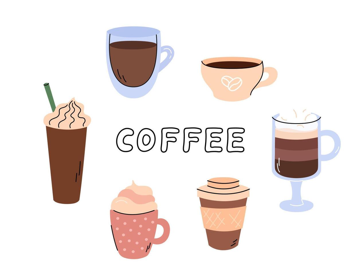 Coffee different beverages set vector illustration. Cute doodle mugs of espresso, frappe, mocha, takeaway coffee. Cartoon design elements. Simple hand drawn objects