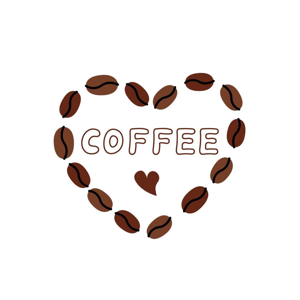 Coffee love doodle vector illustration. Heart shaped coffee beans. Cute hand drawn design composition