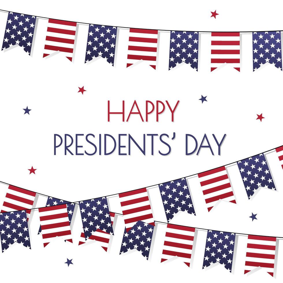 Happy Presidents Day square poster. American flags background for social media post. USA national February holiday. Vector illustration with text