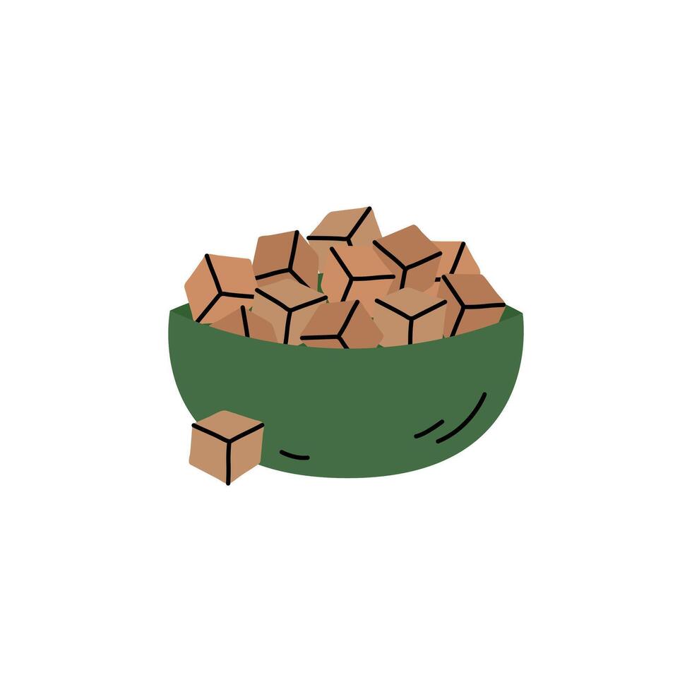 Cane sugar cubes in bowl doodle vector illustration. Simple hand drawn object. Pile of brown sugar