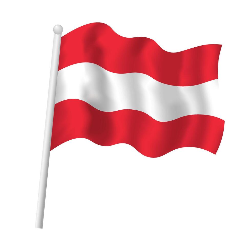 Waving Austria flag on flagpole. Austrian striped tricolor flag vector isolated object illustration