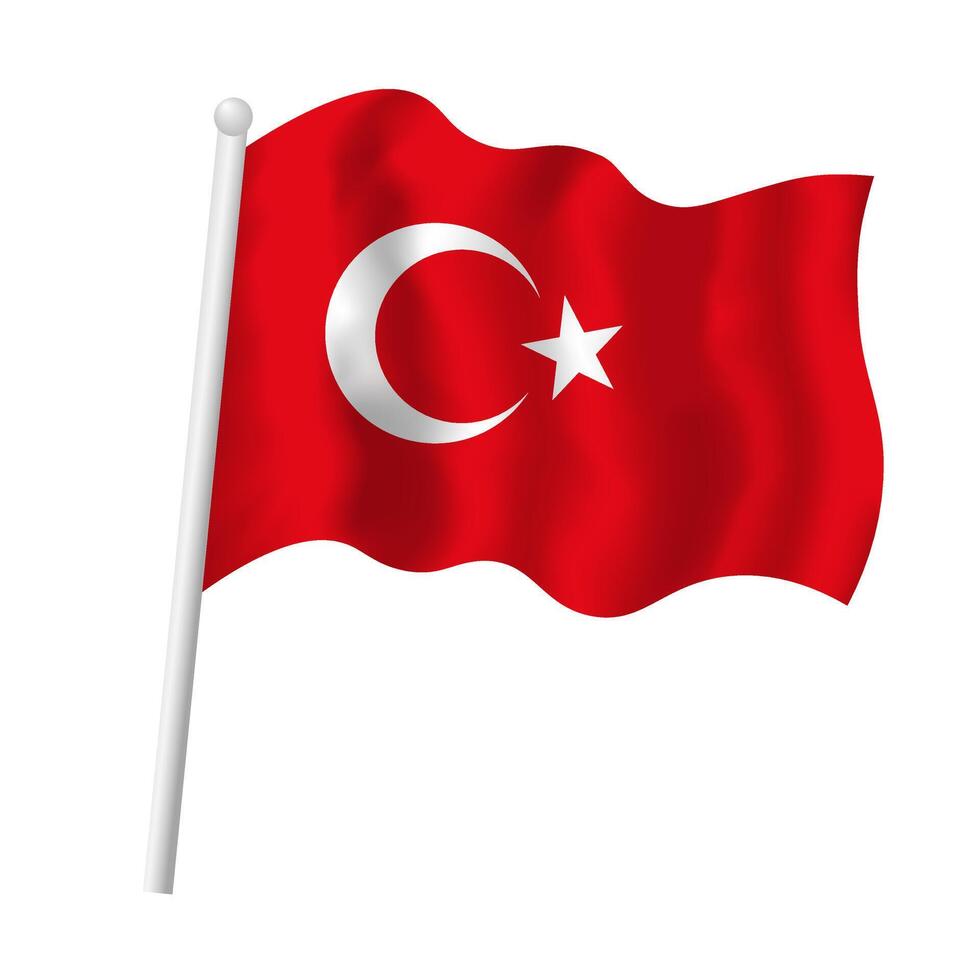 Turkey flag on flagpole waving in wind. Vector isolated illustration of Turkish flag white crescent half moon and star on red background