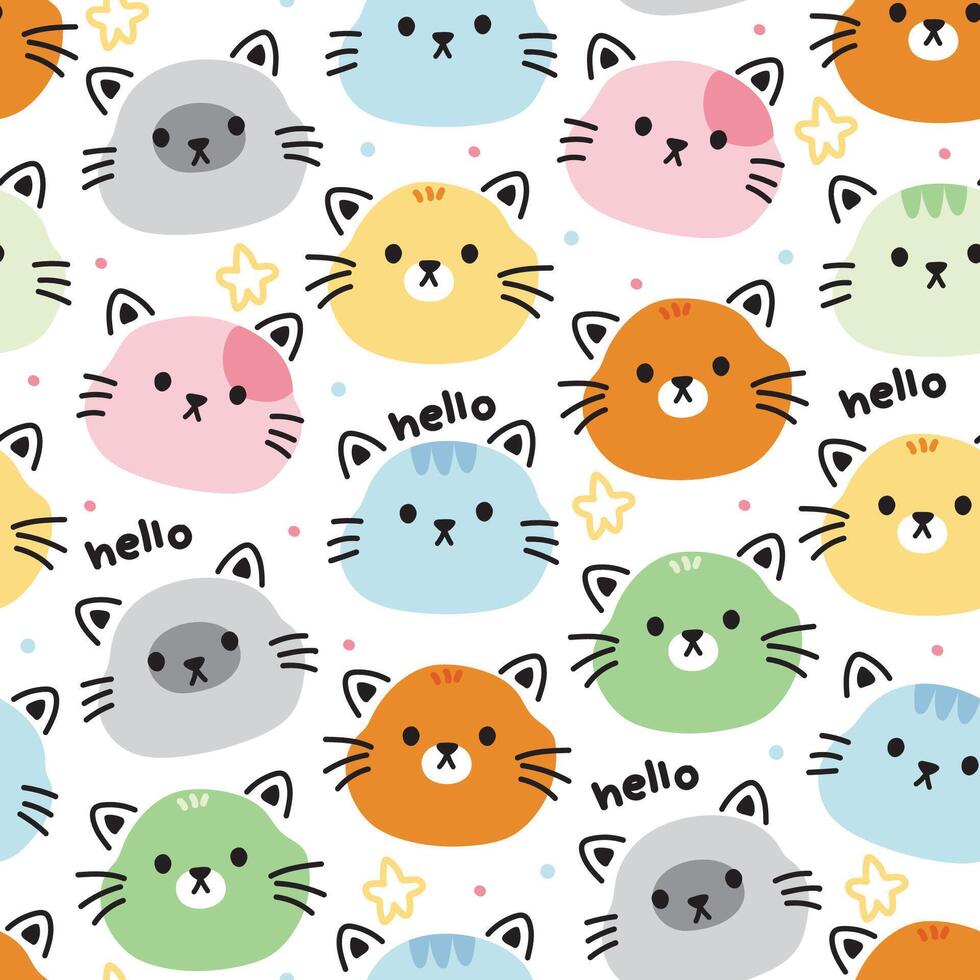 Seamless pattern of cute cat face line hand drawn style on white background.Pet animal cartoon.Image for card,poster,baby clothing.Meow lover.Kawaii.Vector.Illustration. vector