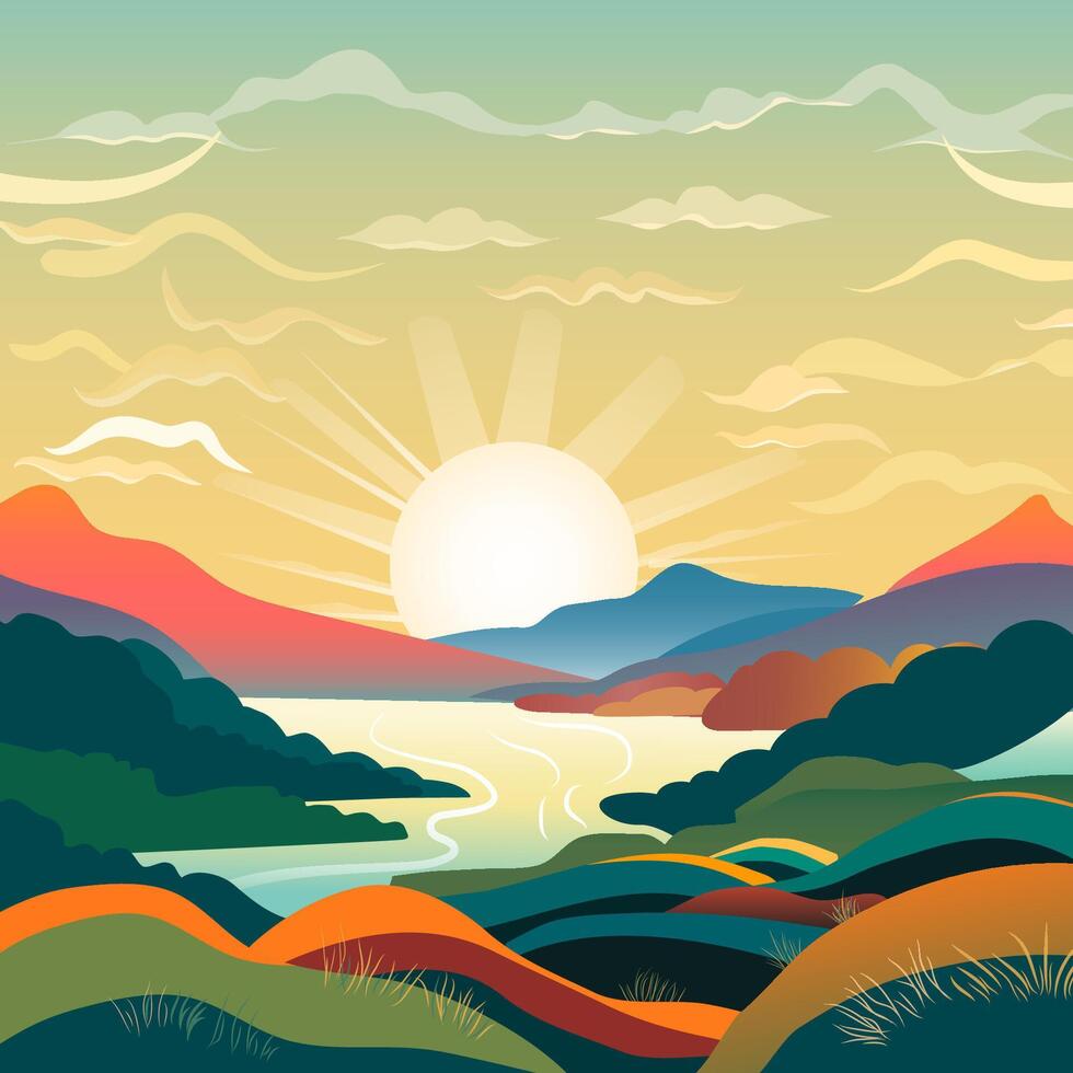 vector landscape sunrise in a river valley