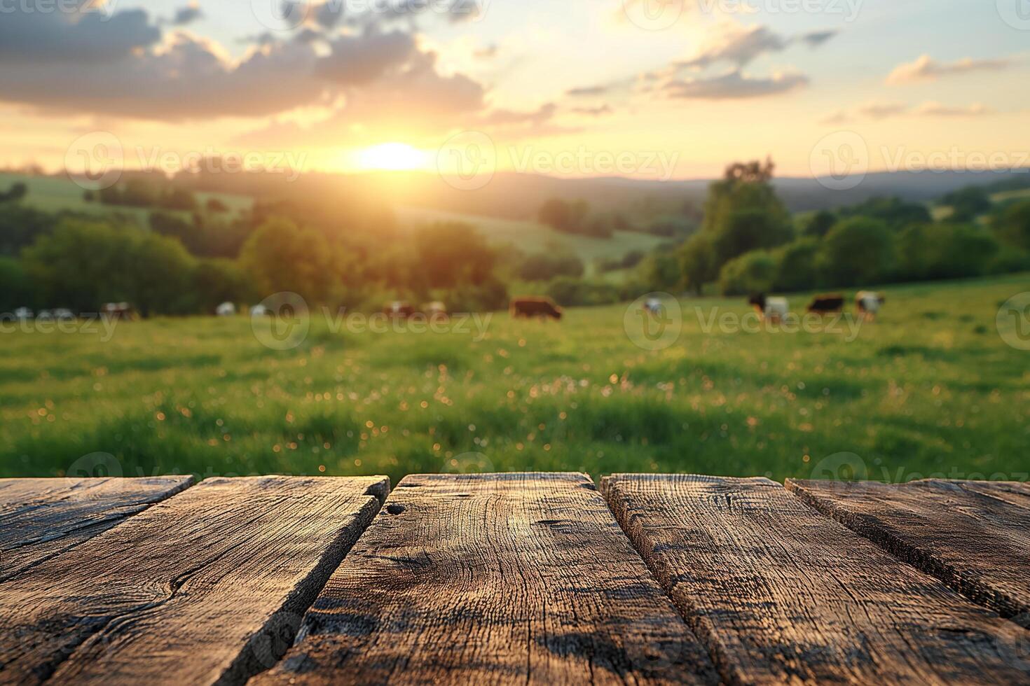 AI generated Empty wood table top with cow farm in the background for products display photo