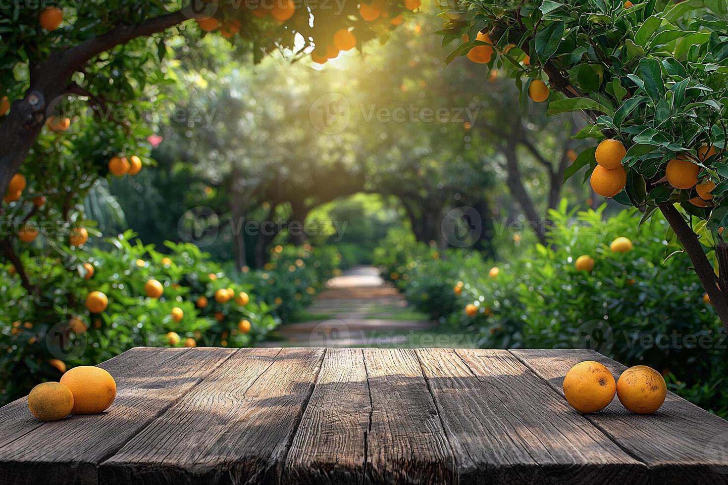 AI generated Empty wood table top with orange tree in the background for products display photo