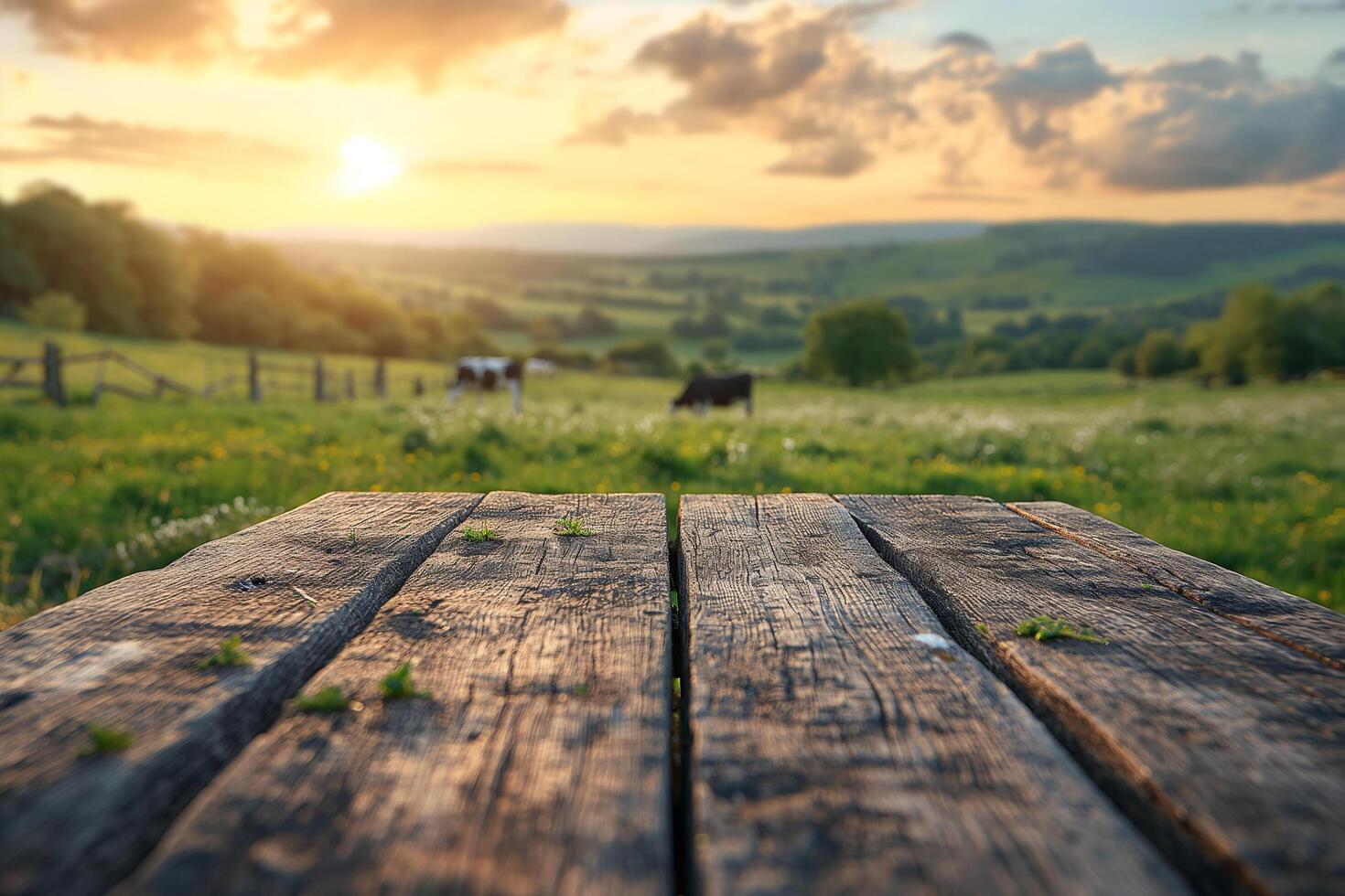 AI generated Empty wood table top with cow farm in the background for products display photo