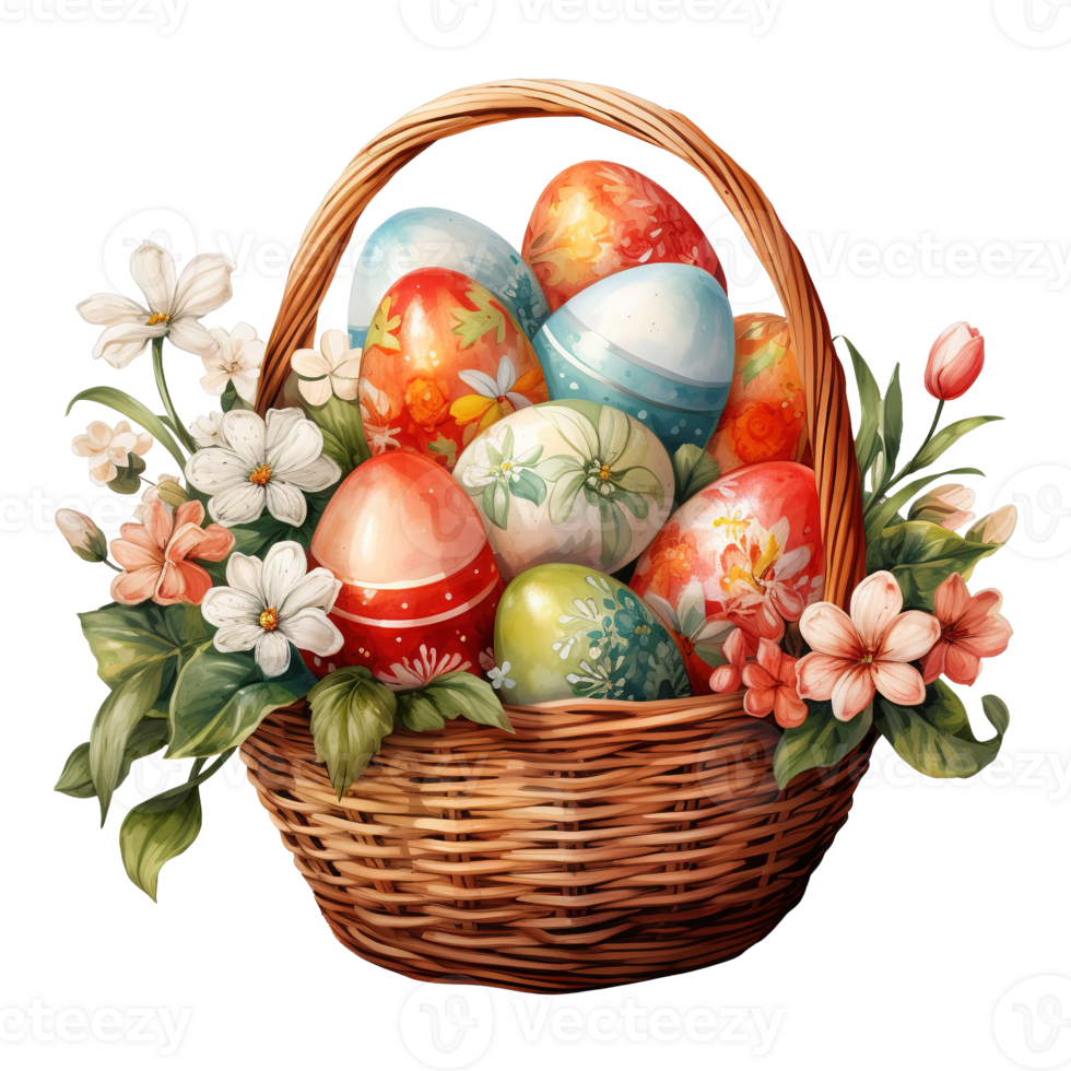 AI generated Easter Egg Extravaganza Decorative Delights in a Vibrant Easter Basket png