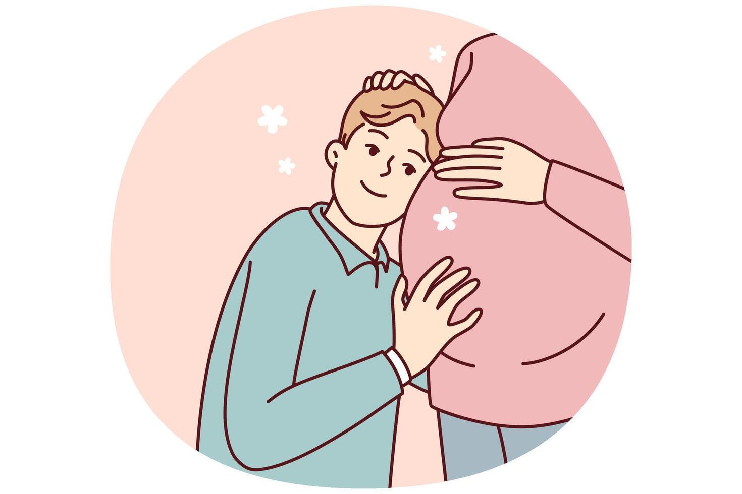 Boy teenager lean against belly of pregnant mother listens to heartbeat unborn child. Vector image