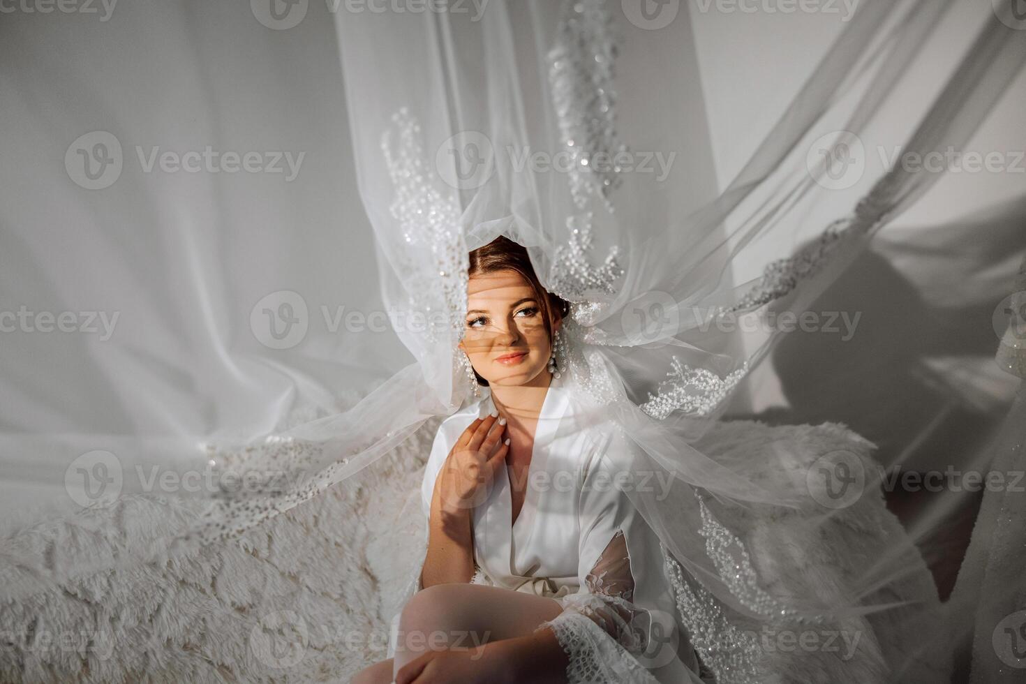 Nice cute girl in a boudoir robe. Happy beautiful bride under veil. Fashion, beauty, style. Morning of the bride. Beautiful bride with stylish make up and hair style. photo