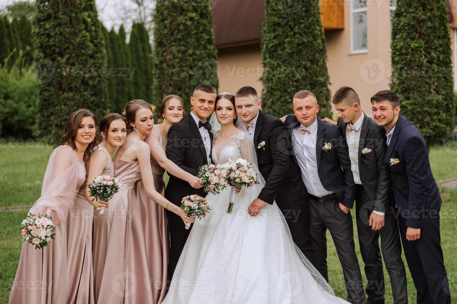 full-length portrait of the newlyweds and their friends at the wedding. The bride and groom with bridesmaids and friends of the groom are having fun and rejoicing at the wedding. photo