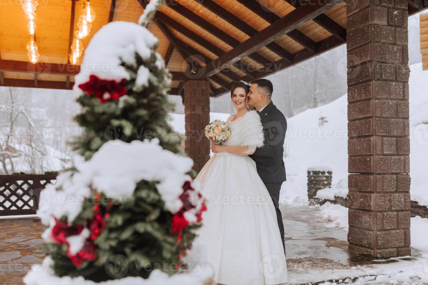 Happy couple kissing in winter. Couple embracing in snowy winter park.Winter wedding of stylish beautiful young couple bride and groom photo