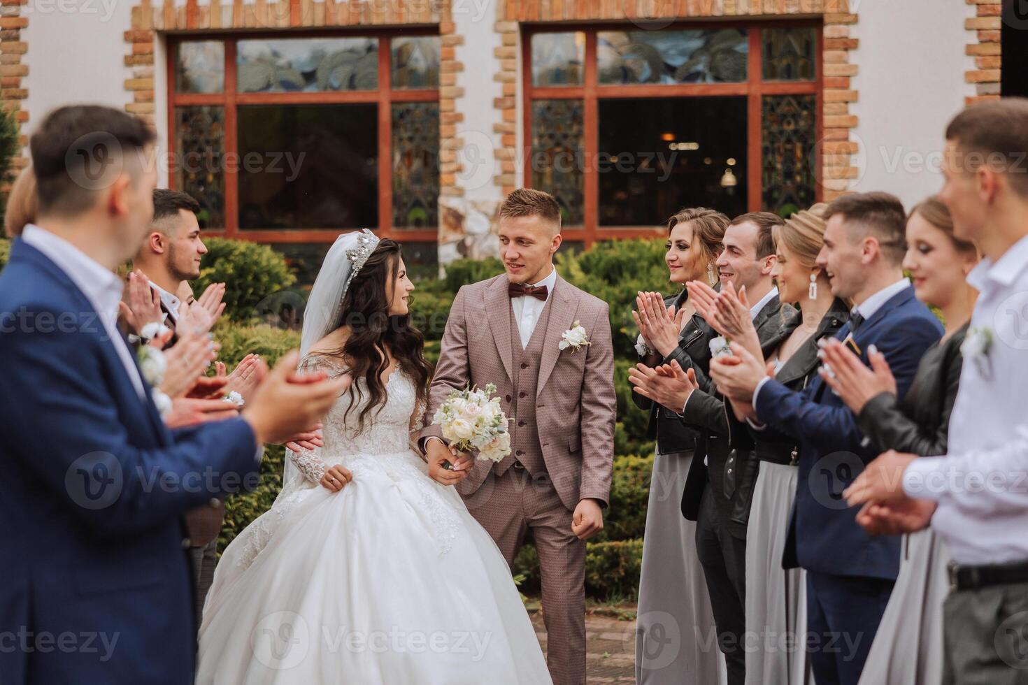 full-length portrait of the newlyweds and their friends at the wedding. The bride and groom with bridesmaids and friends of the groom are having fun and rejoicing at the wedding. photo