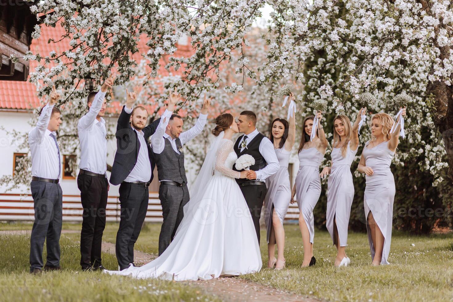 full-length portrait of the newlyweds and their friends at the wedding. The bride and groom with bridesmaids and friends of the groom are having fun and rejoicing at the wedding. photo