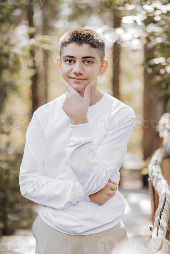 de cerca vertical retrato de un adolescente en un blanco suéter y marrón pantalones. contento sonriente adolescente en verano parque en luz de sol. un hermosa niño es mirando a el cámara en el claro. foto