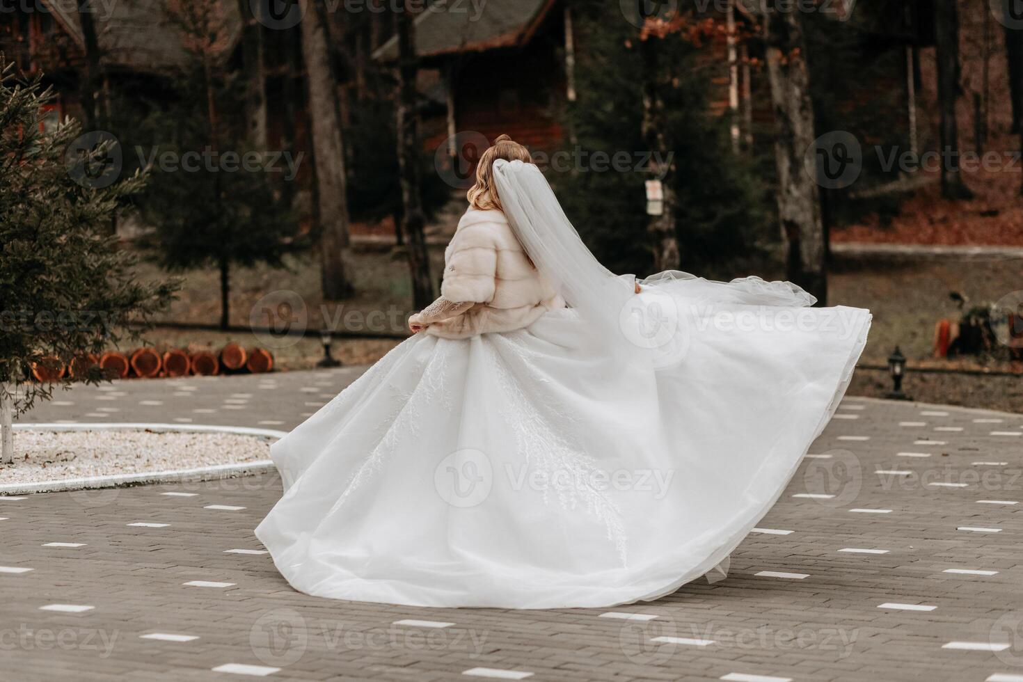 hermosa novia con un Boda ramo de flores de flores, atractivo mujer en un Boda vestir con un largo velo. contento novia mujer. novia con Boda maquillaje y peinado. invierno Boda foto