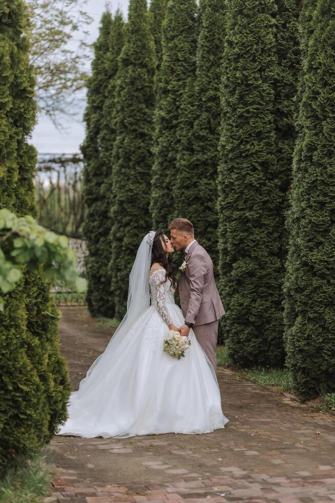 Wedding. Love and couple in garden for wedding. Celebration of ceremony and commitment. Save the date. Trust. The bride and groom embrace. Smile and love. Photo of happy and in love brides and grooms.