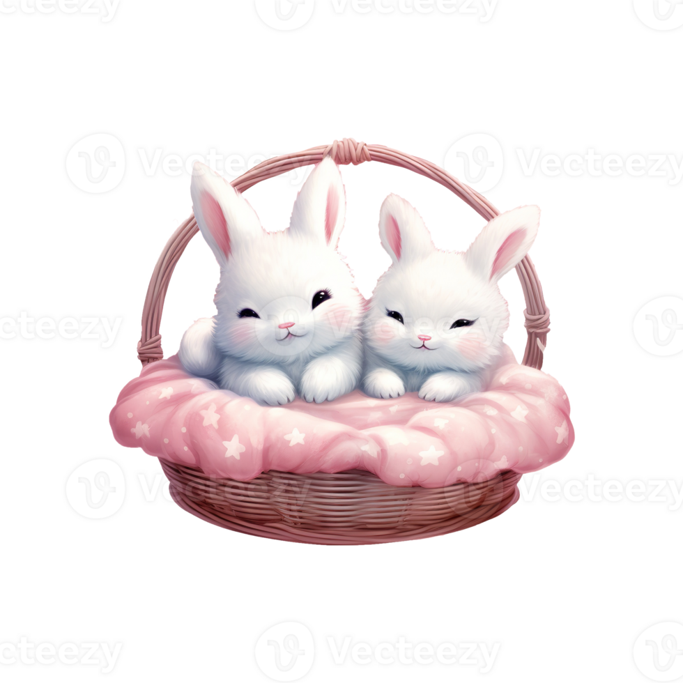 AI generated Bunny Bliss Valentine Bunny Couple on Basket - Adorable Duo Celebrating Love and Joy png