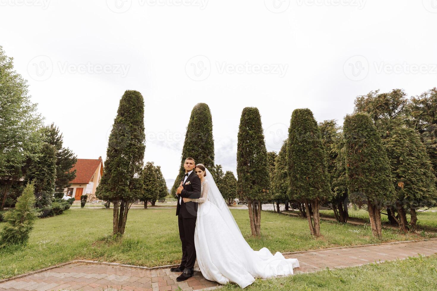 boda. amor y Pareja en jardín para boda. celebracion de ceremonia y compromiso. salvar el fecha. confianza. el novia y novio abarcar. sonrisa y amor. el novia abrazos el novio por el espalda. foto