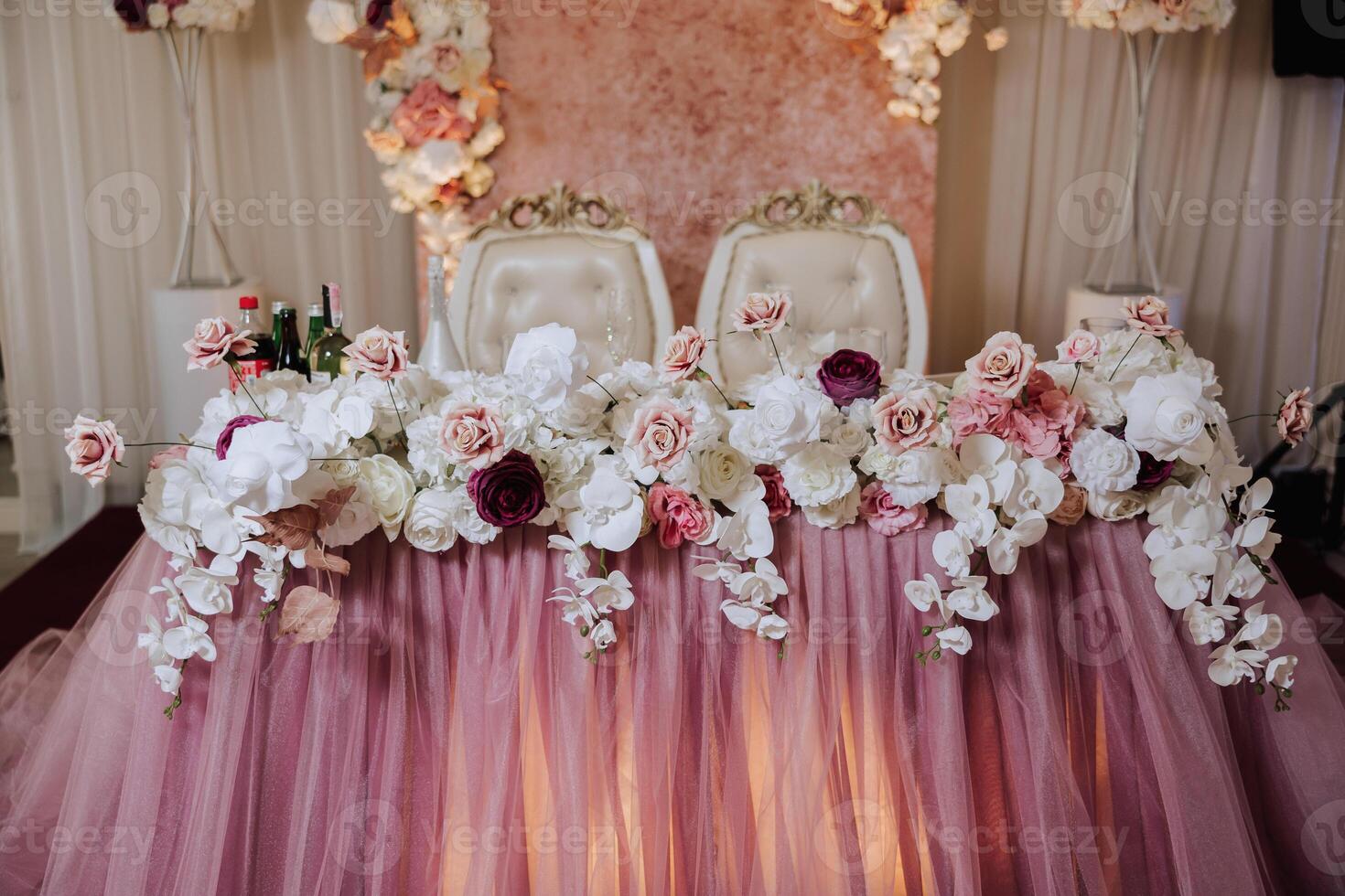 Decor of a Wedding Restaurant in Maroon Color with Flowers Stock Image -  Image of white, people: 110047309