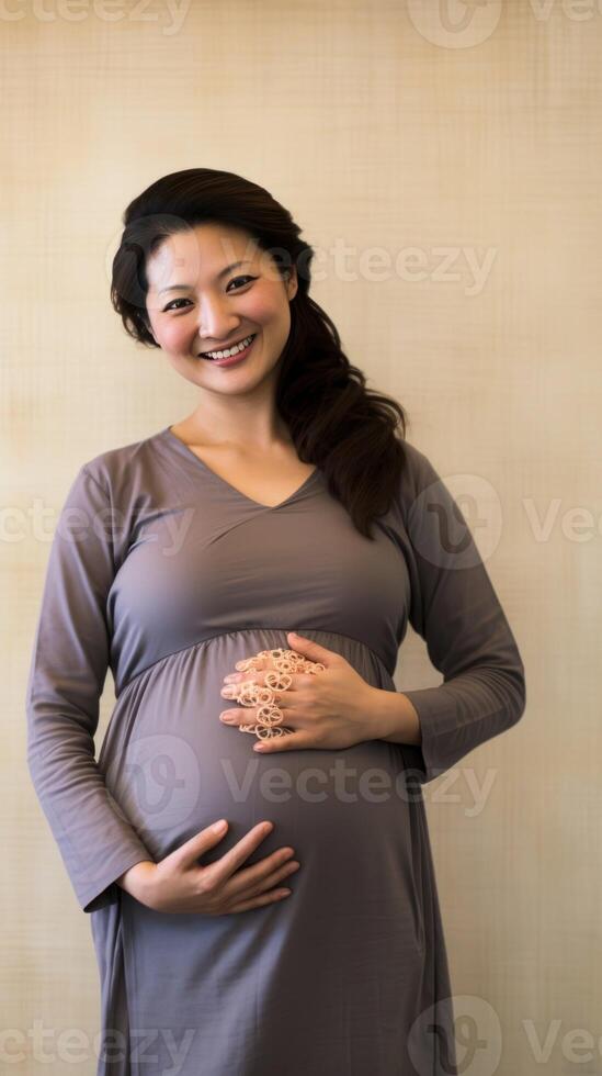 ai generado agradecido embarazada asiático mamá foto