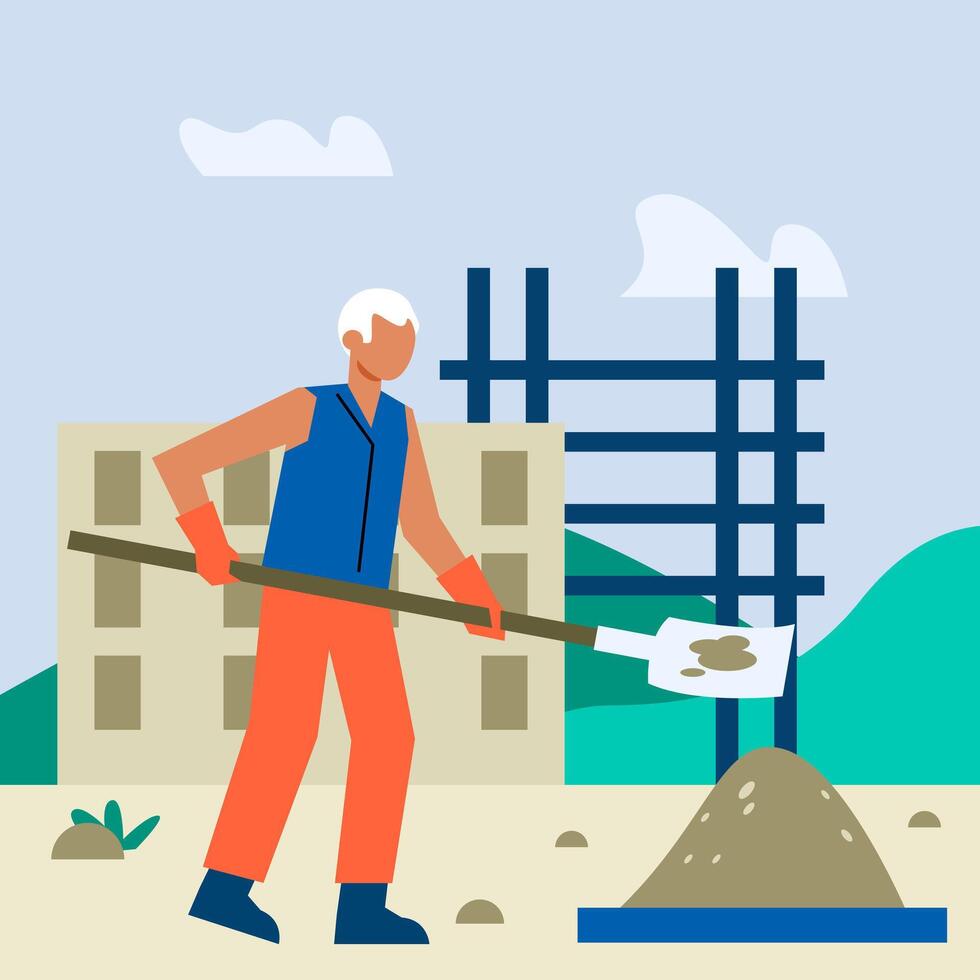 Man holding shovel and pouring cement. Construction process concept vector