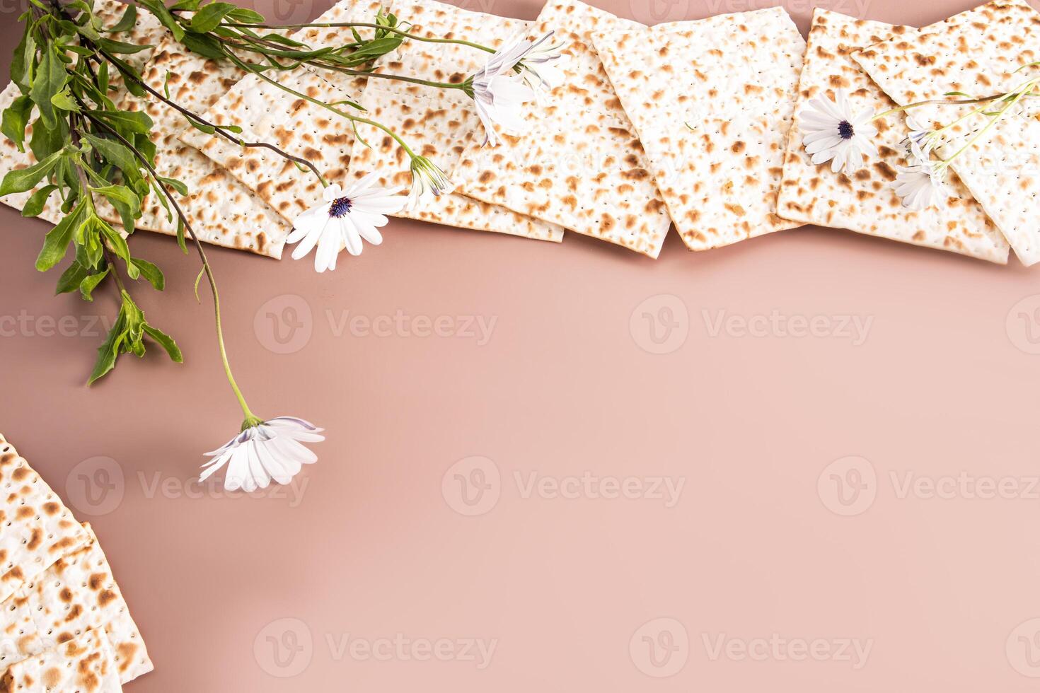 Festive background for the Jewish Passover holiday. Traditional retual matza bread and white delicate spring flowers. A copy space. frame, border. photo