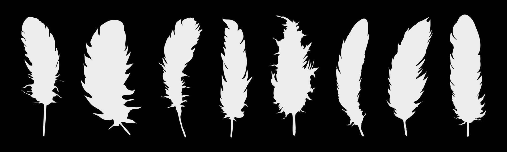 Set of realistic vector goose or swan feathers of various shapes. Ecological feather filler for pillows, blankets or jackets.Vector concept design,line art.