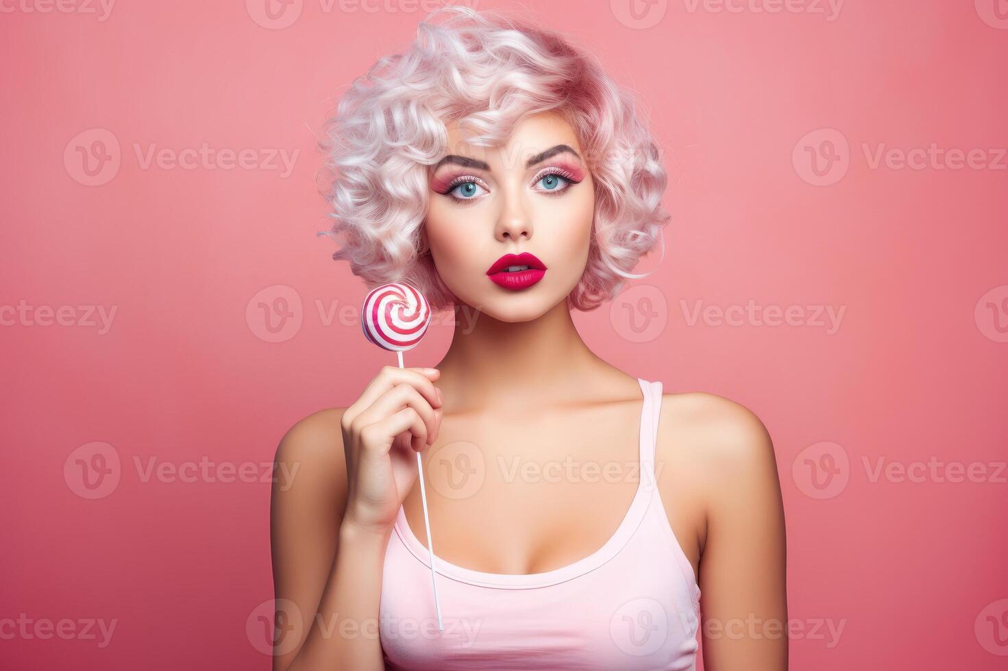 AI generated Portrait of a beautiful girl holding a lollipop isolated on a pink background. Girl pin up with open mouth. Blond model at retro fashion and vintage concept. photo