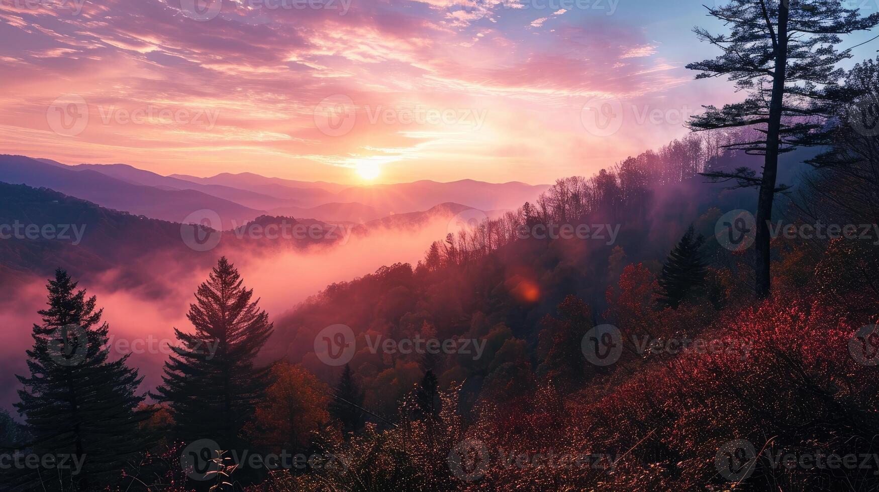 AI generated Mountain landscape with forested hills with fog in the valley at sunrise. Breathtaking natural scenery photo