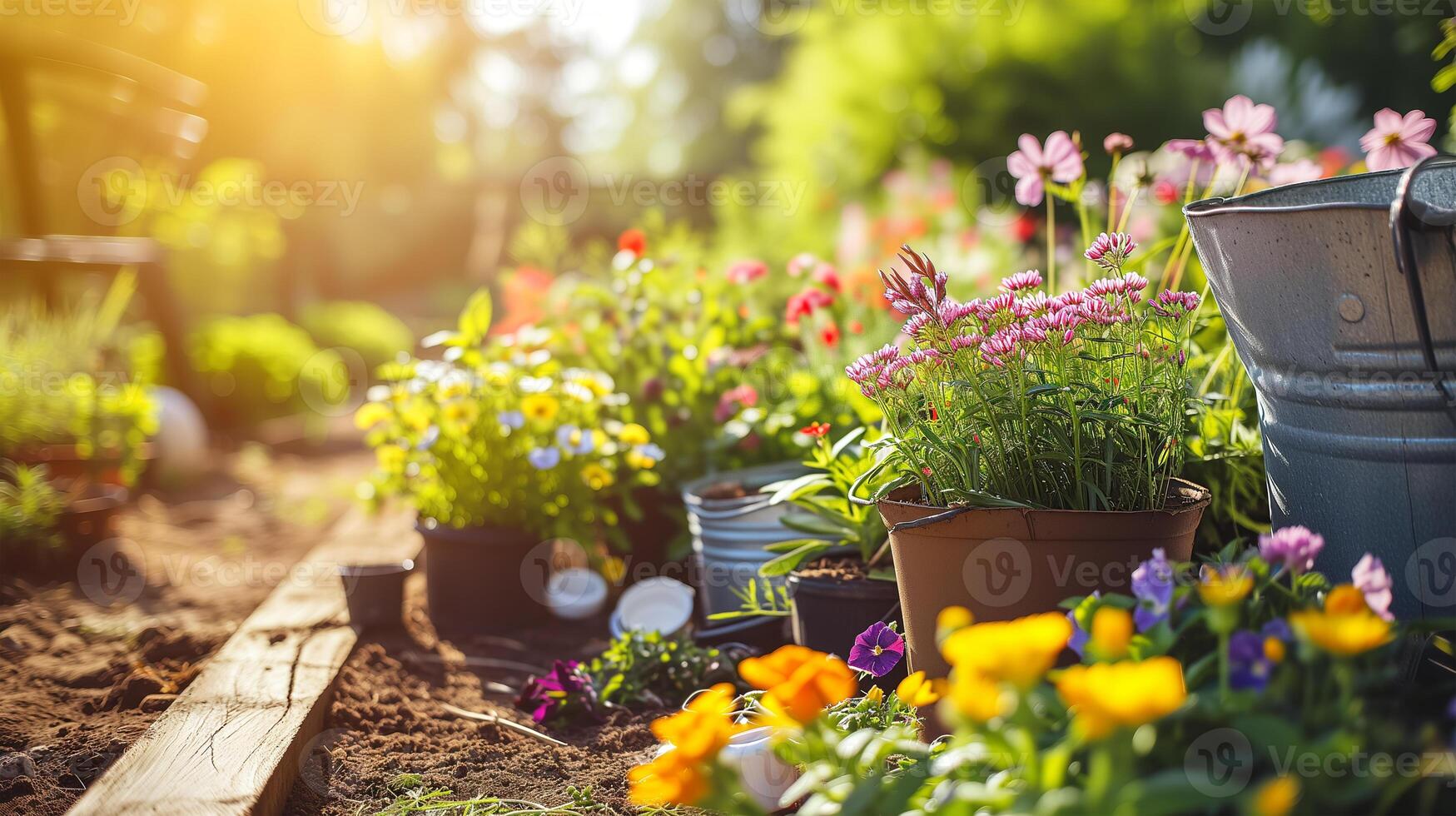 AI generated Gardening Concept. Garden Flowers and Plants on a Sunny Spring Background photo