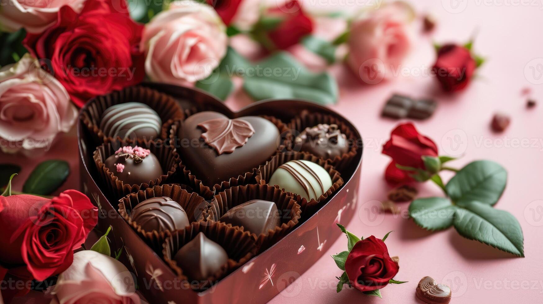 AI generated Heart shaped box of chocolate pralines with red roses for Valentine's day isolated on pink with copy space. photo