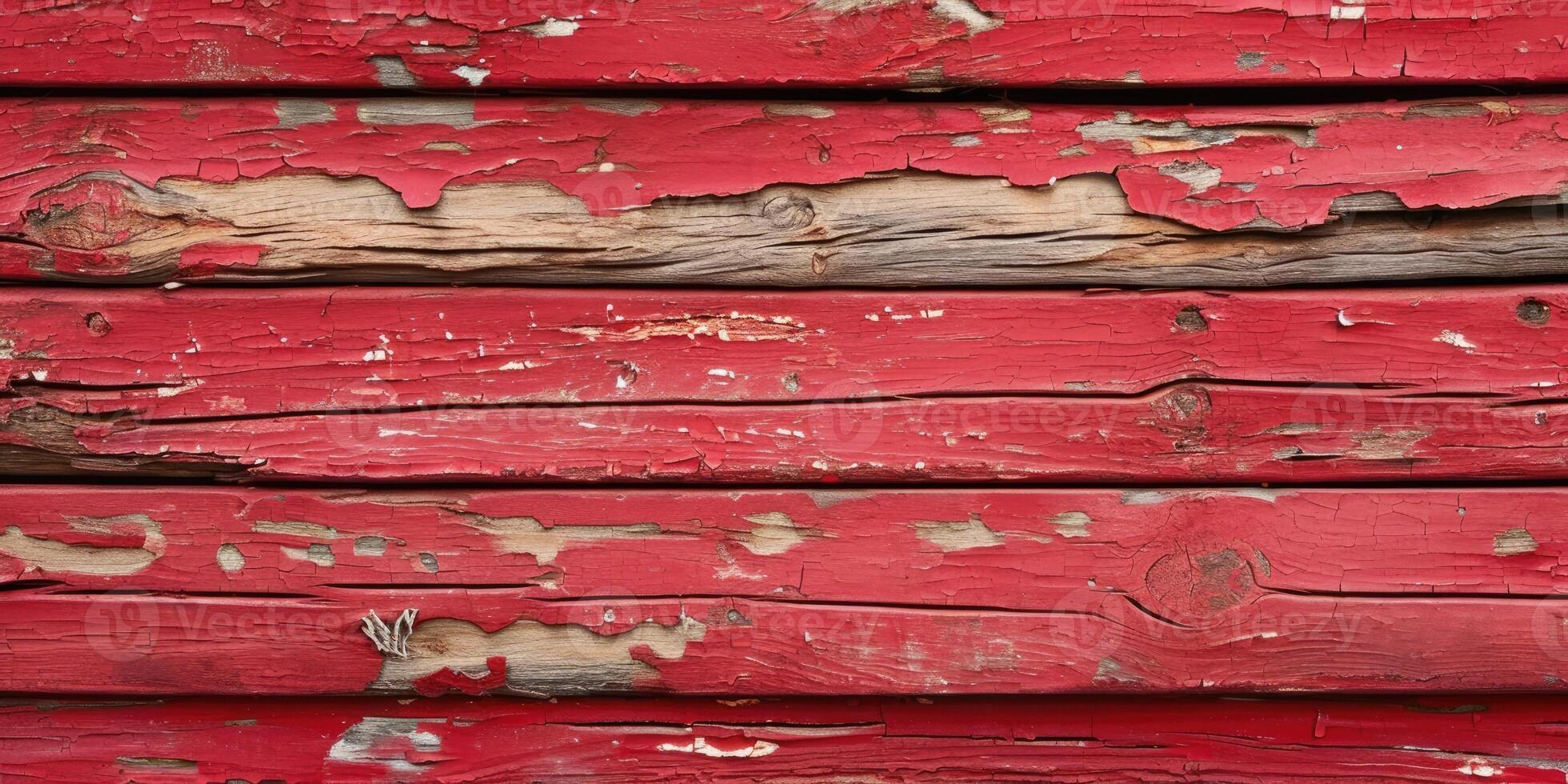 AI generated Wooden rustic background with peeled red paint. photo