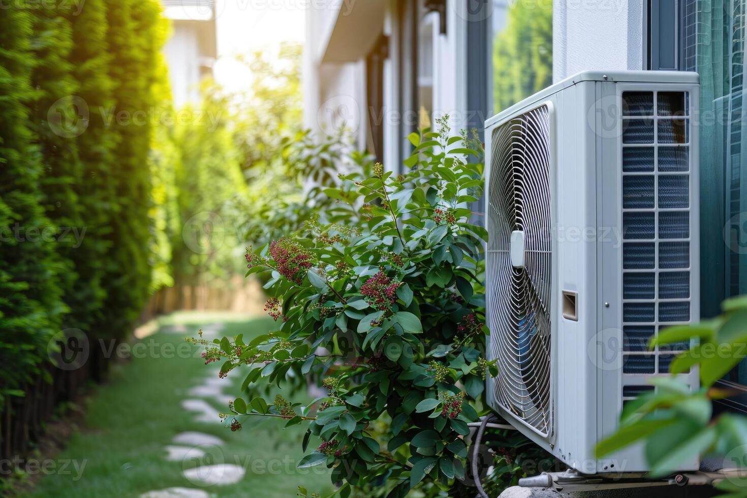 AI generated Air source heat pump installed in residential building. photo