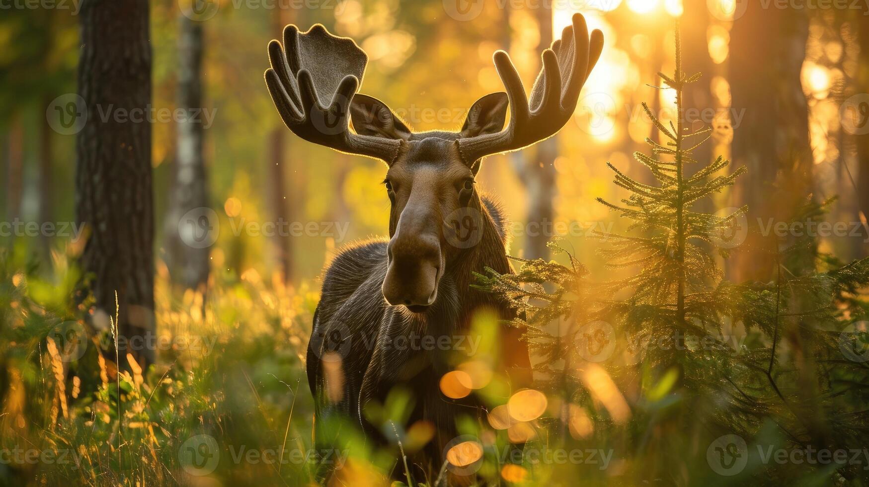 AI generated Close-up of moose in a summer forest. photo