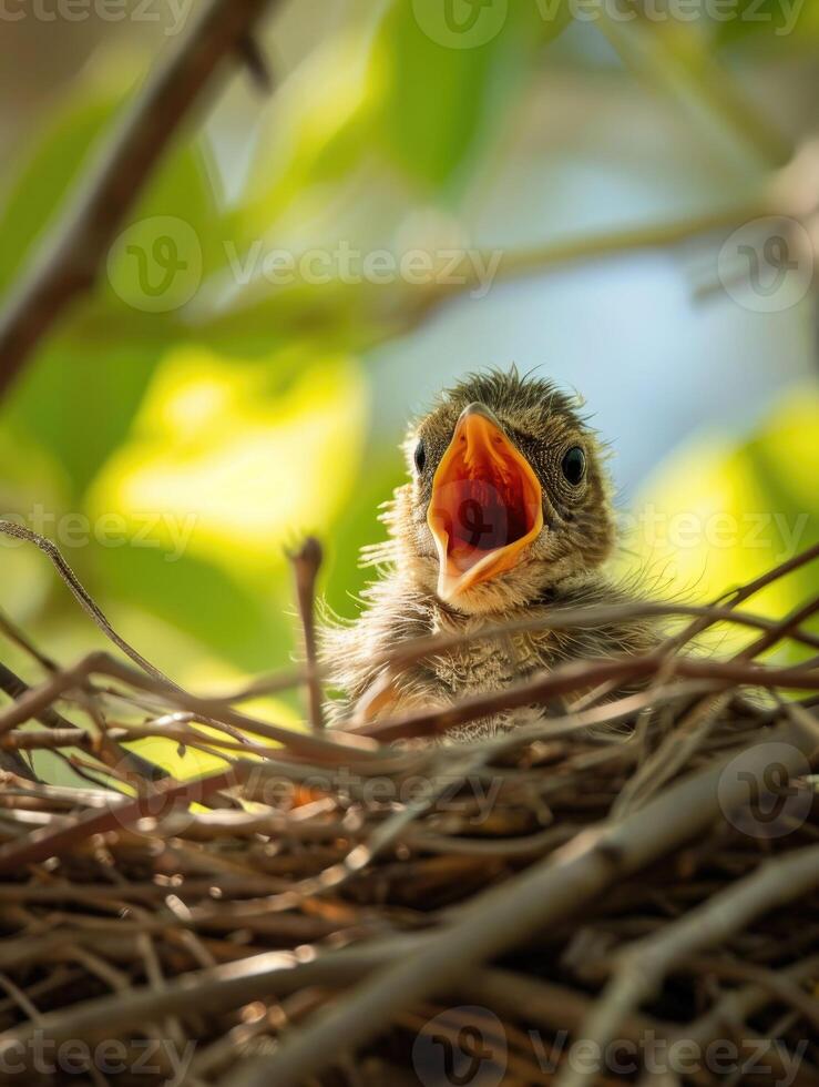 AI generated Young bird in nest with open mouth waiting to be fed. photo