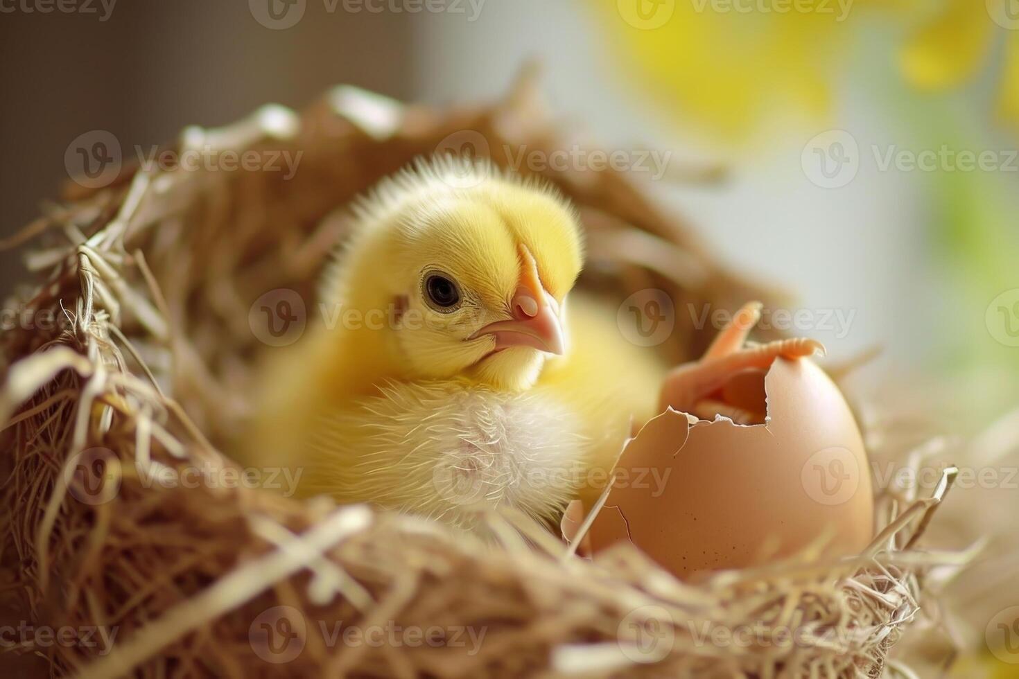 AI generated Yellow chicken hatching from egg. photo