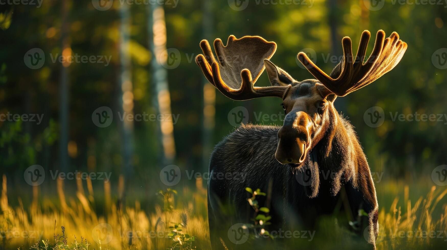 AI generated Close-up of moose in a summer forest. photo