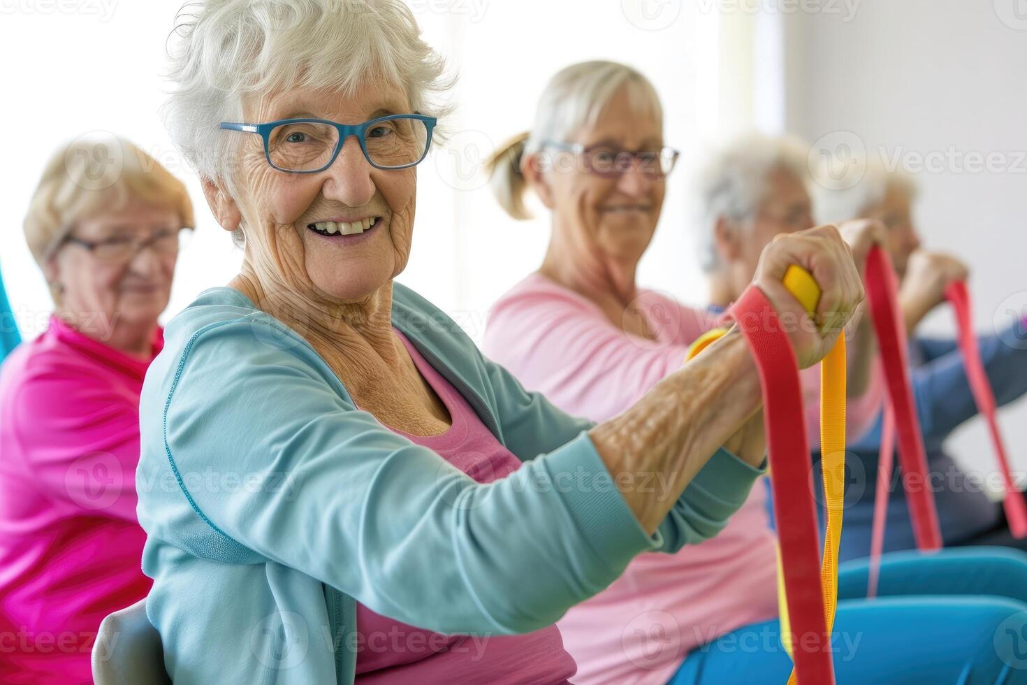 AI generated Seniors doing exercise seated with exercise bands photo