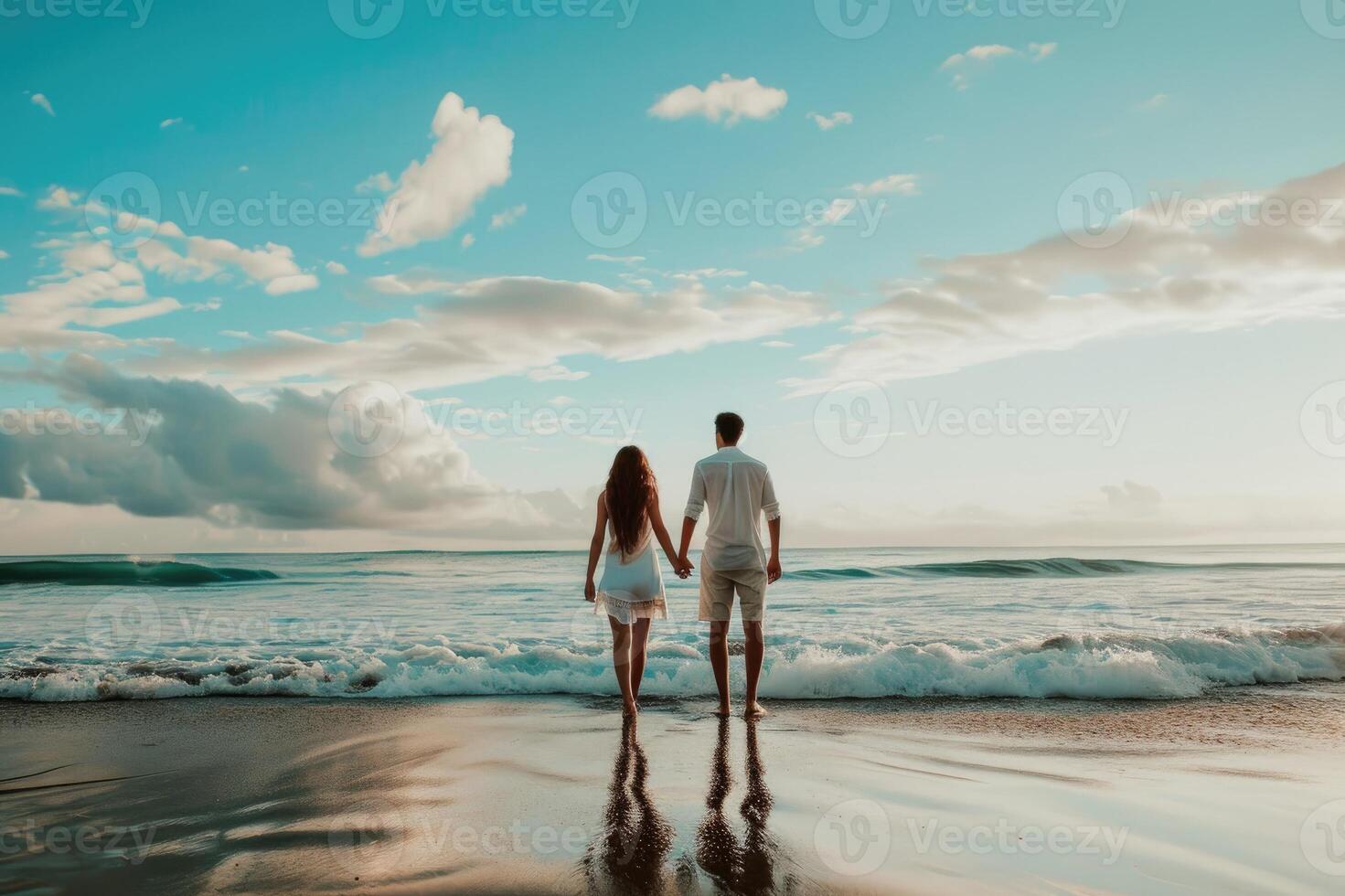 AI generated A man and woman holding hands on a beach photo