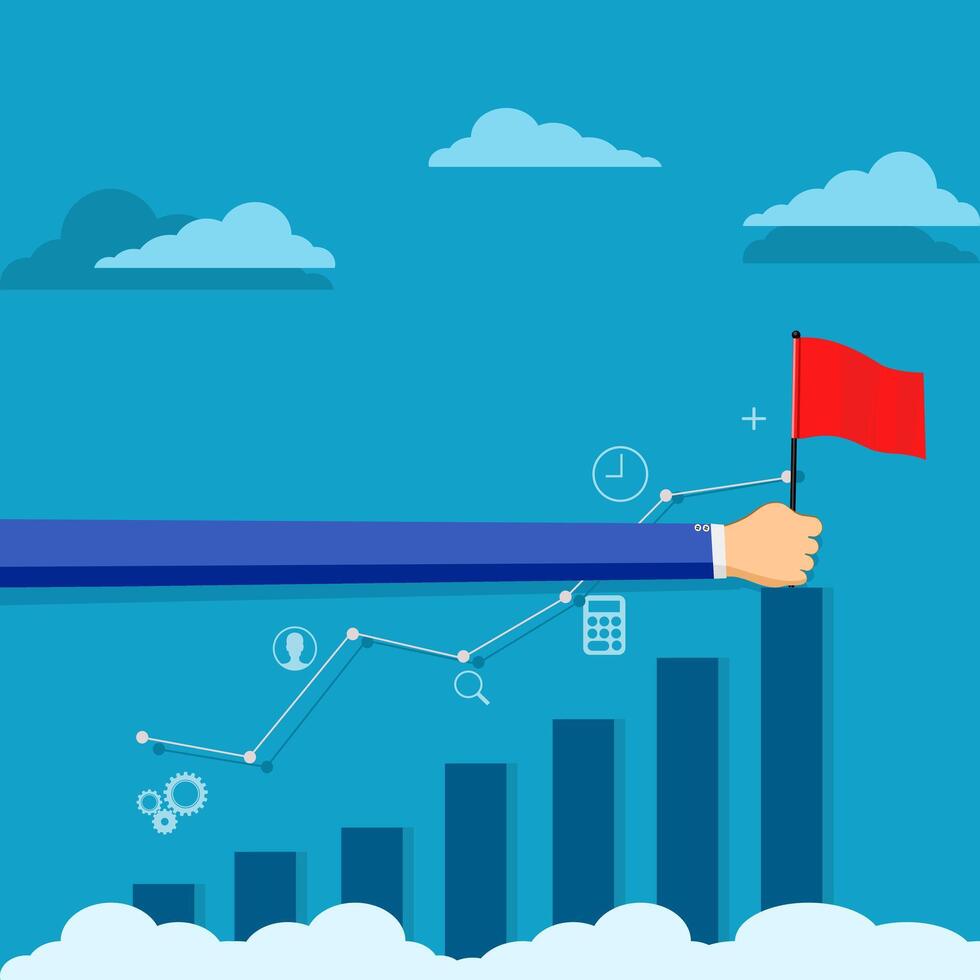 businessman holds a flag at the top of the bar chart vector