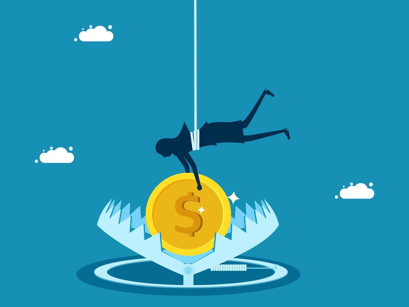 Financial risk. Businesswoman tries to reach coins on a trap. Vector
