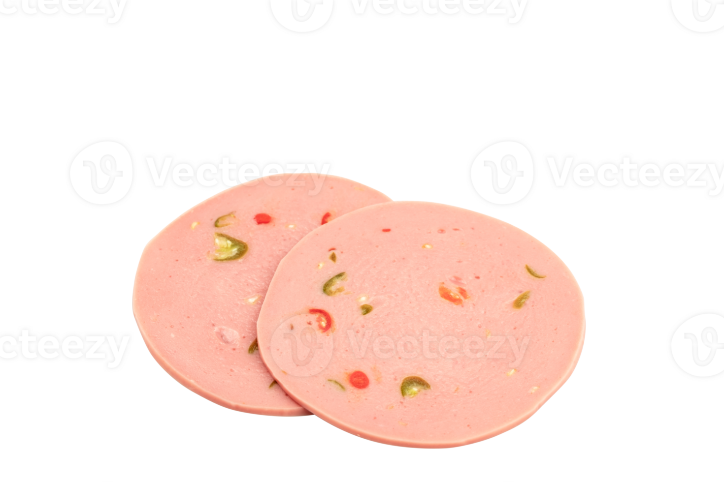 Bologna with chilly ,Mortadela Sausage, Sliced boiled ham sausage isolated on transparent background, top view, PNG File