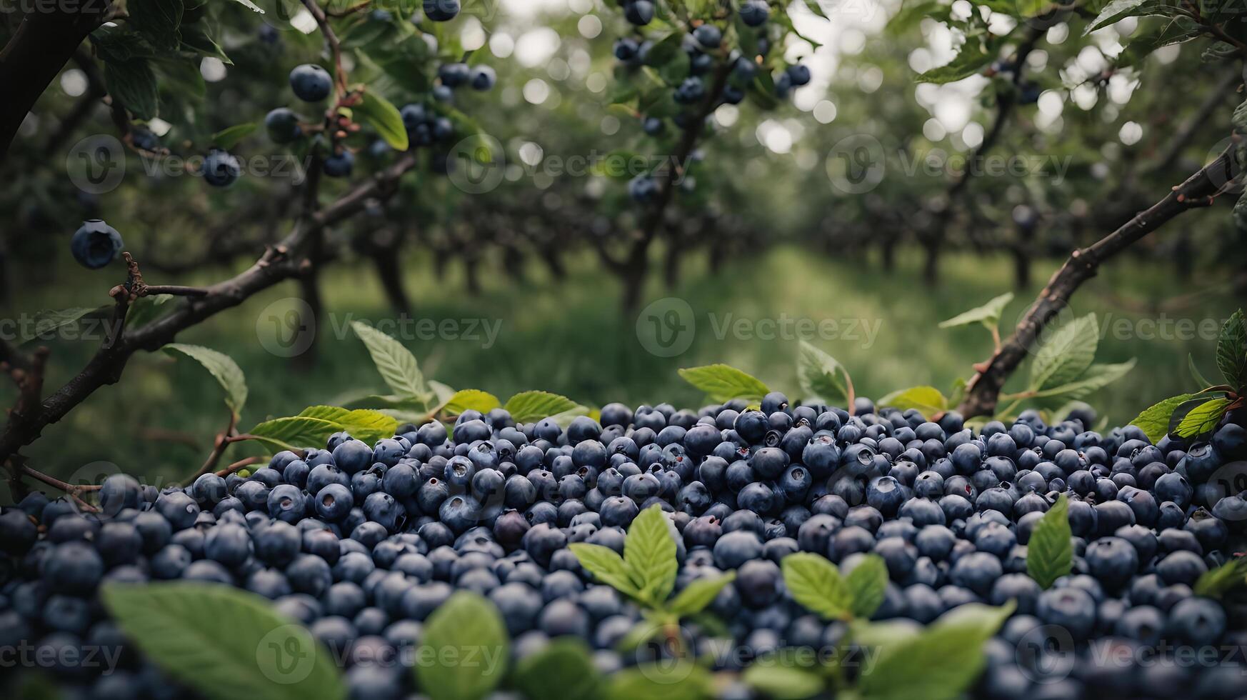 AI generated Delicious organic blueberries on the table in a blueberry orchard photo