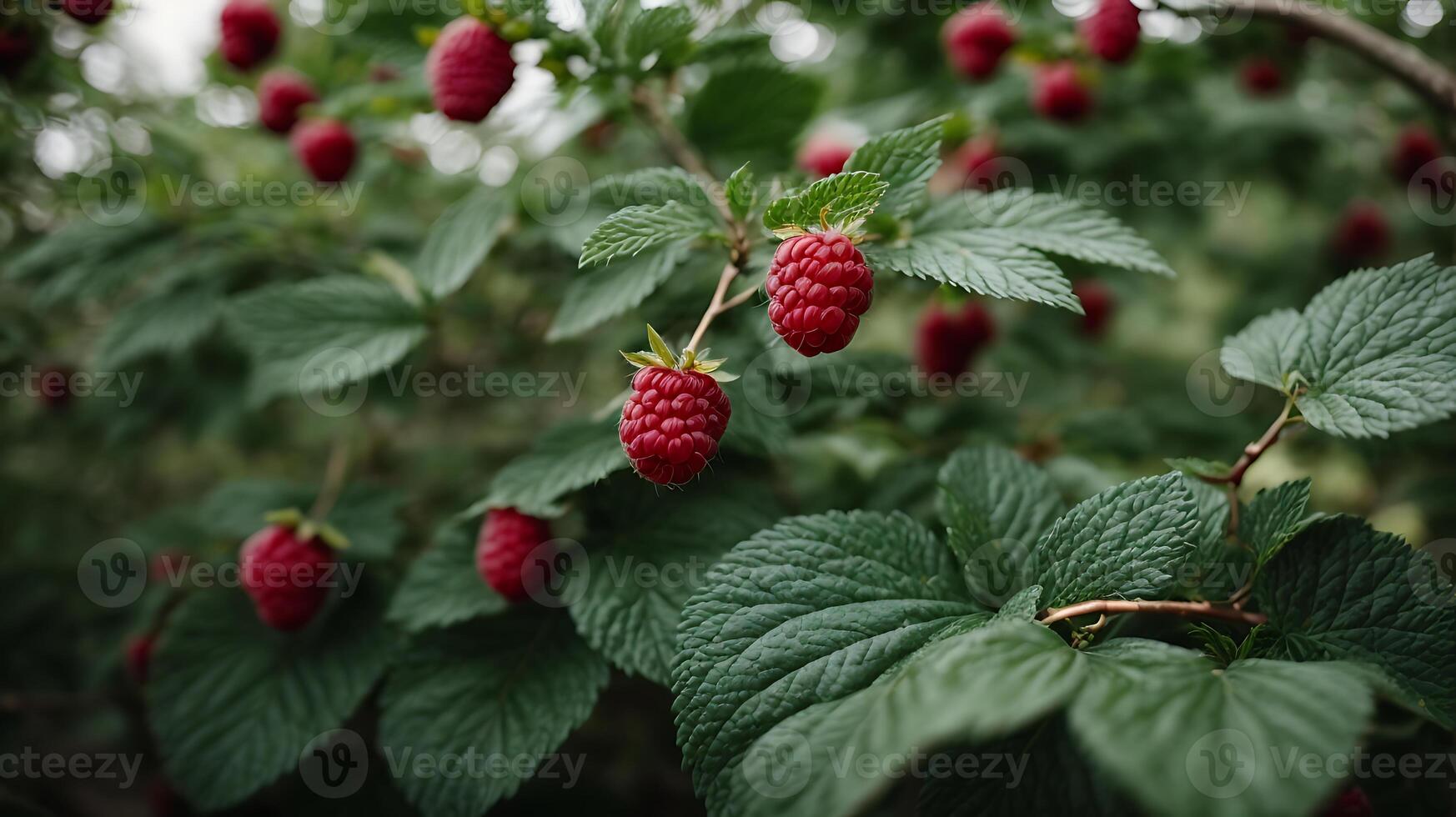 AI generated A very close view of raspberry on a nice raspberry tree photo