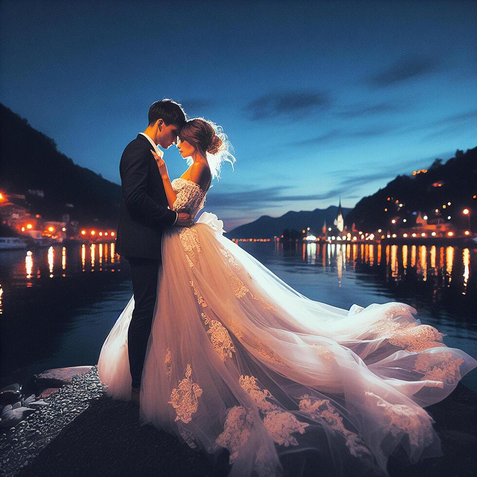 AI generated A just married bride and bridegroom embraces each other in front of a lake with lighting in the background photo