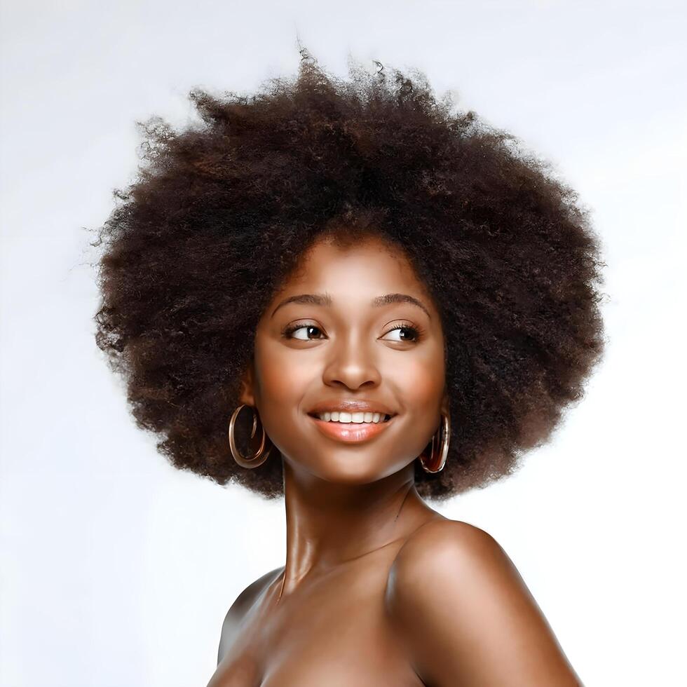 AI generated A vibrant African American model with dynamic afro hair smiling isolated on a white backrop photo