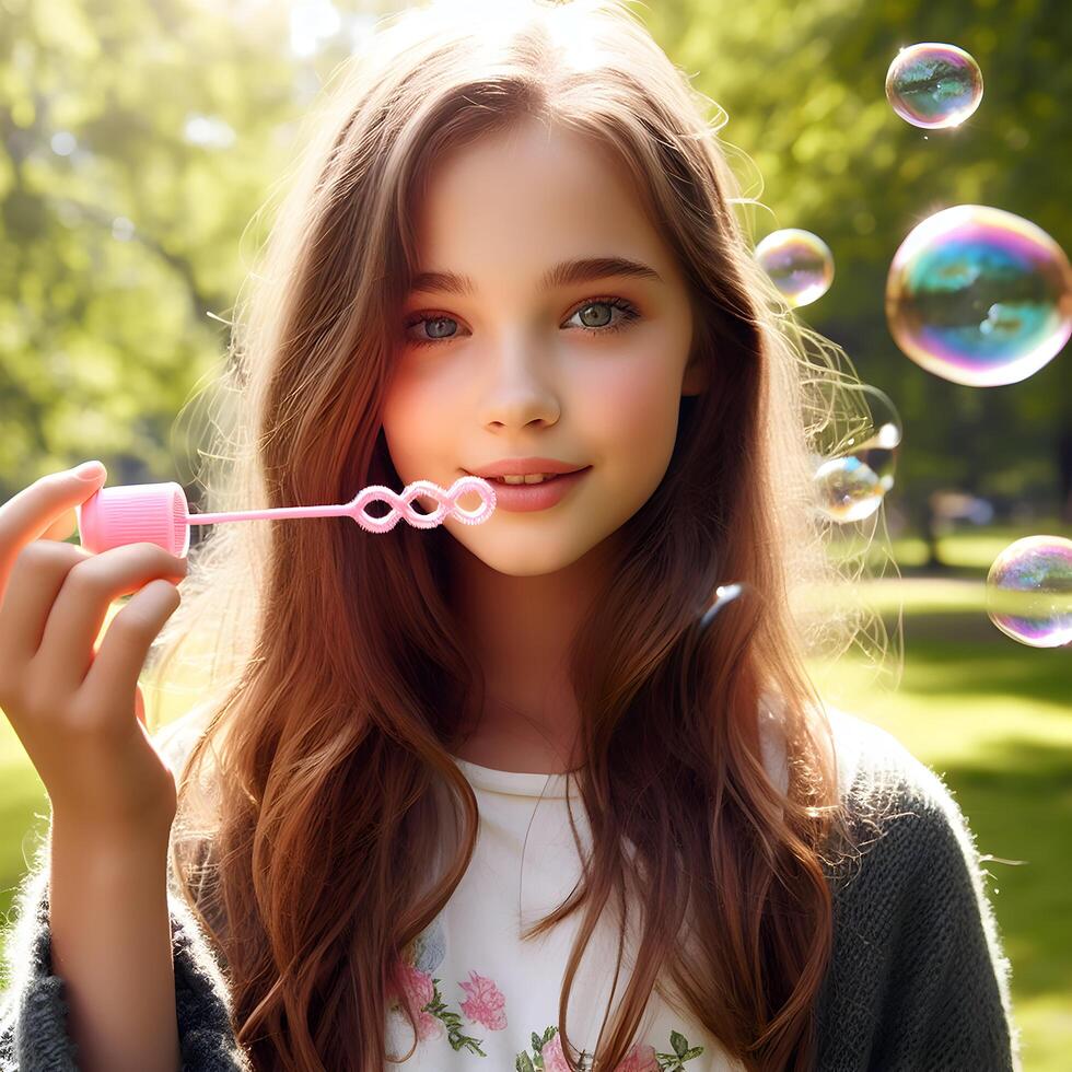 AI generated A girl blows bubbles with wand, spreading playful magic in the air photo